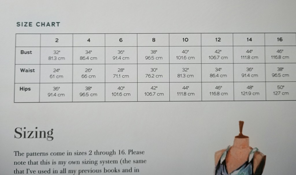 A close-up view of the sizing page from the book, featuring a clean grid chart showing bust, waist, and hip measurements in inches and centimeters for sizes 2 to 16.