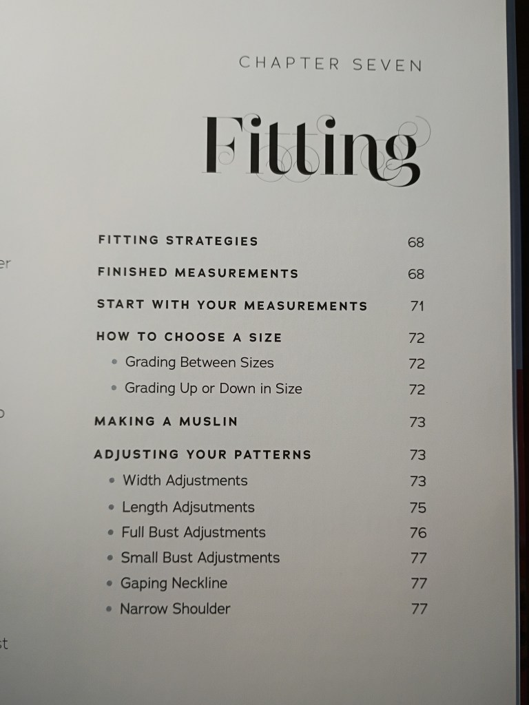 A close-up photograph of the Chapter Seven title page, titled Fitting, showing a detailed index of subheadings like Choosing a Size and Adjusting Your Patterns alongside their exact page numbers.